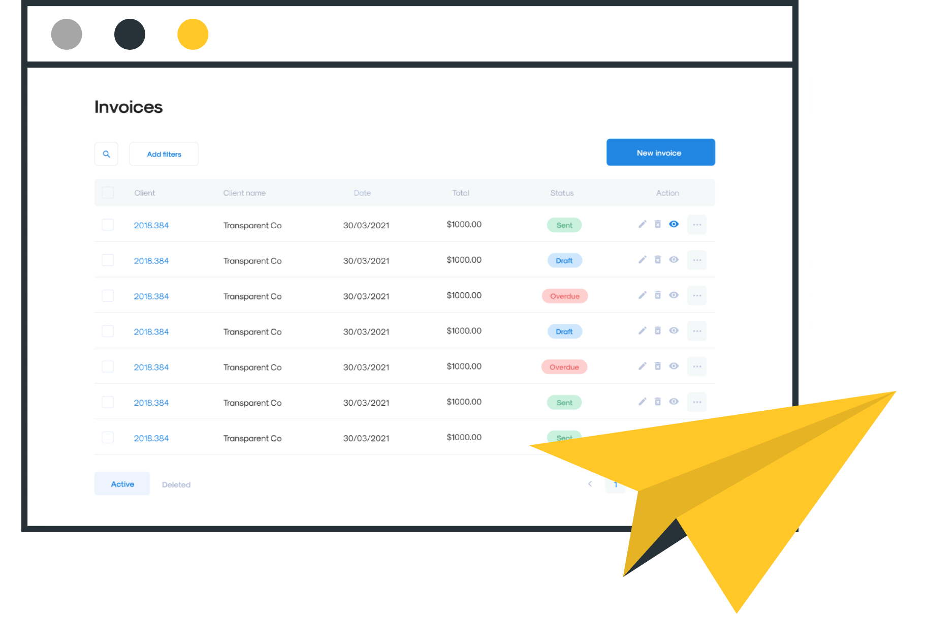 Invoices list inside of InvoiceBerry online invoicing software